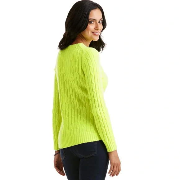 Vineyard Vines Cashmere Coral Lane Cable knit Crew Neck Sweater Bright Citron - Picture 3 of 11